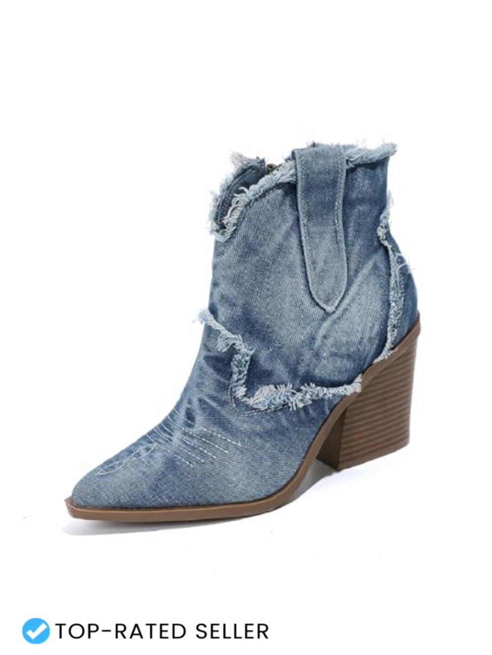 Women's Embroidery Denim Western Cowboy Ankle Boots Pointed Toe Stacked Heel